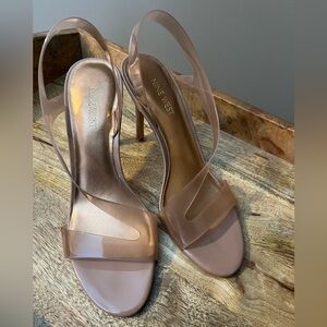 Nine West Ilene Women's Open Toe Sandals Heels NUDE TAN CLEAR Size 10